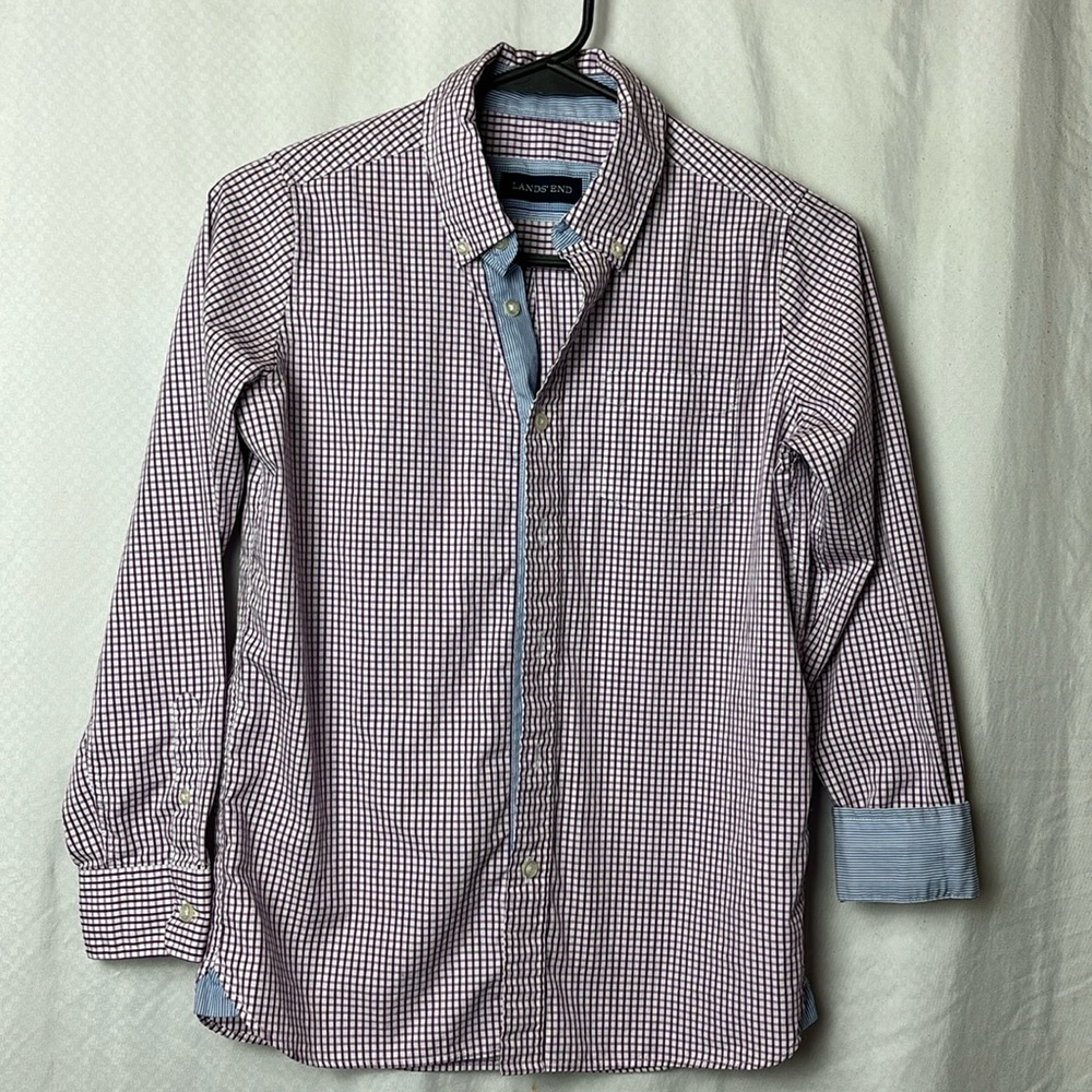 LANDS’ End boys plaid button down dress shirt size Medium flip cuff